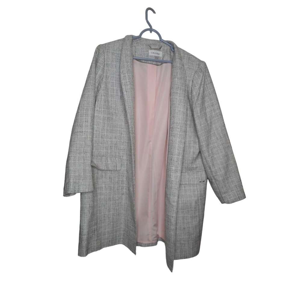 NWOT Calvin Klein Open Front Topper Jacket Size 16W Long Blazer Grey Check Lined